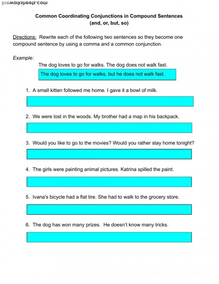 Educational resource on practicing coordinating conjunctions in sentence construction Worksheet for combining sentences using coordinating conjunctions for fourth graders
