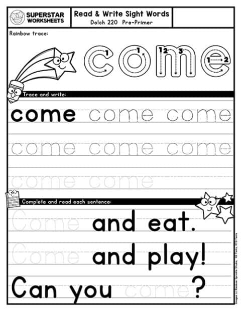 Pre-K life science worksheet featuring fun activities to practice the sight word Come