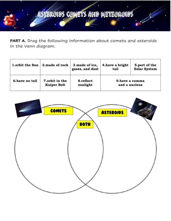 Comets and Asteroids Vocabulary Learning Activity for Elementary Students Fifth grade science worksheet showing illustrations comparing comets with icy tails and rocky asteroids in space