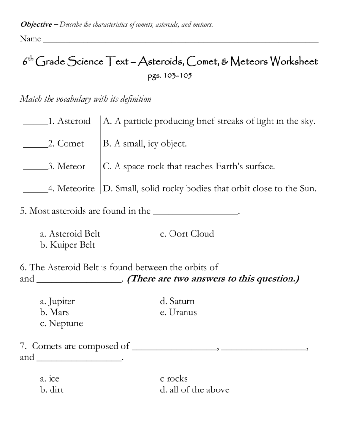 Comets and Asteroids Vocabulary Worksheet Image 14 Fifth grade science worksheet comparing the characteristics of comets and asteroids