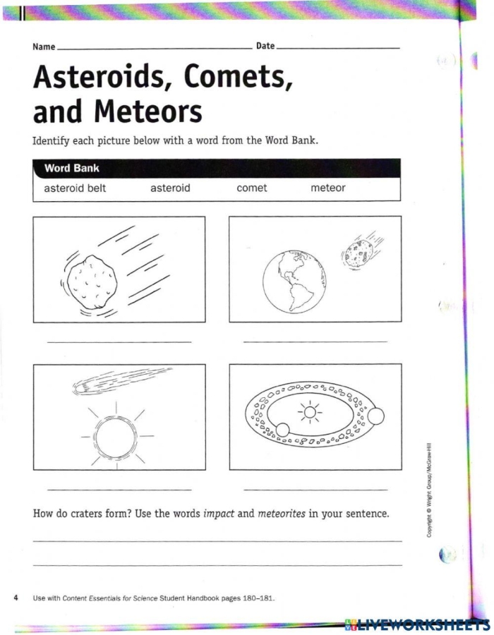 Comets and Asteroids Vocabulary Worksheet for Fifth Grade Science Fifth grade science worksheet comparing the characteristics of comets and asteroids