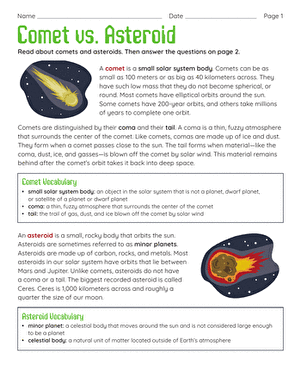 Comets and Asteroids Vocabulary Worksheet for 5th Grade Science Lesson 13 Fifth grade earth science worksheet exploring the vocabulary of comets and asteroids