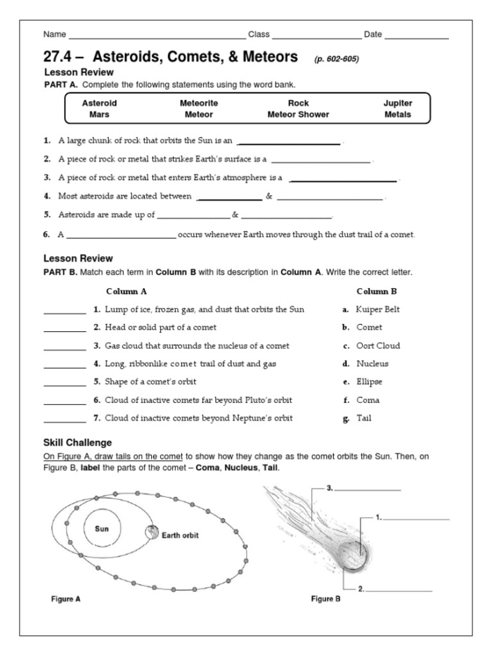 Comets and Asteroids Vocabulary Worksheet for Fifth Grade Science Lesson 20 Fifth grade science worksheet comparing comets and asteroids with educational illustrations