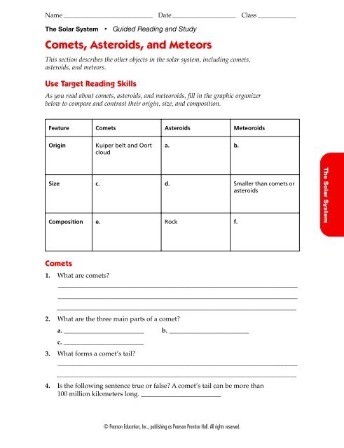 Vocabulary worksheet exploring the differences between comets and asteroids for fifth graders Fifth grade science worksheet comparing the characteristics of comets and asteroids