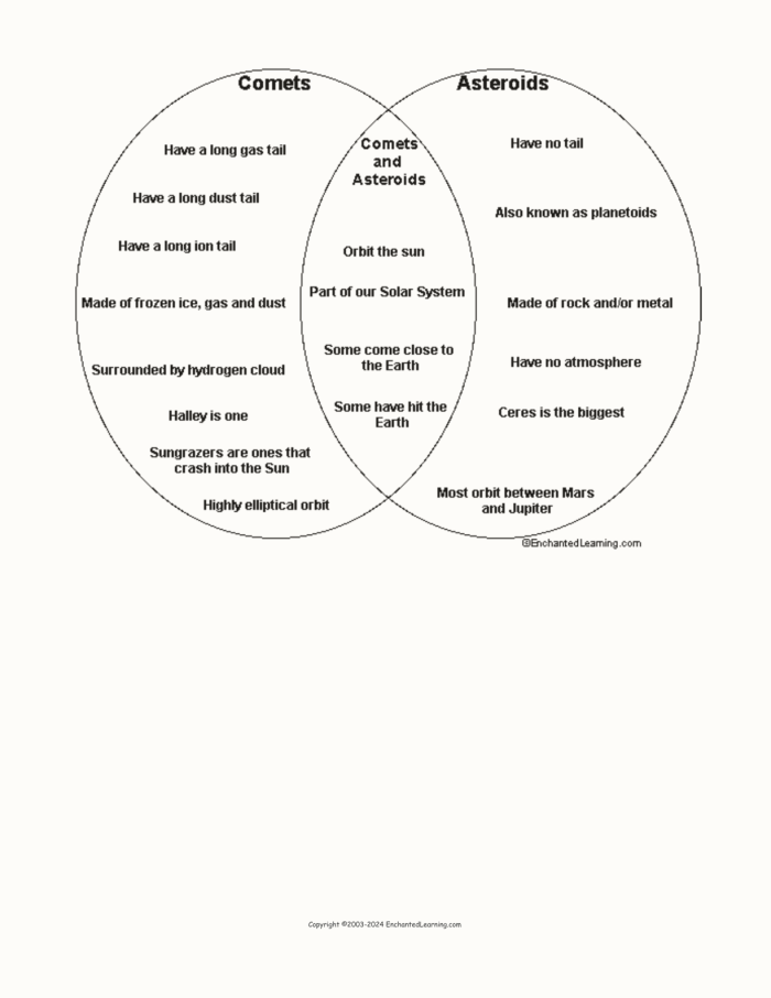 Comets and Asteroids Comparison Worksheet for Elementary Science Fifth grade students learning about the differences between comets with icy tails and rocky asteroids in space