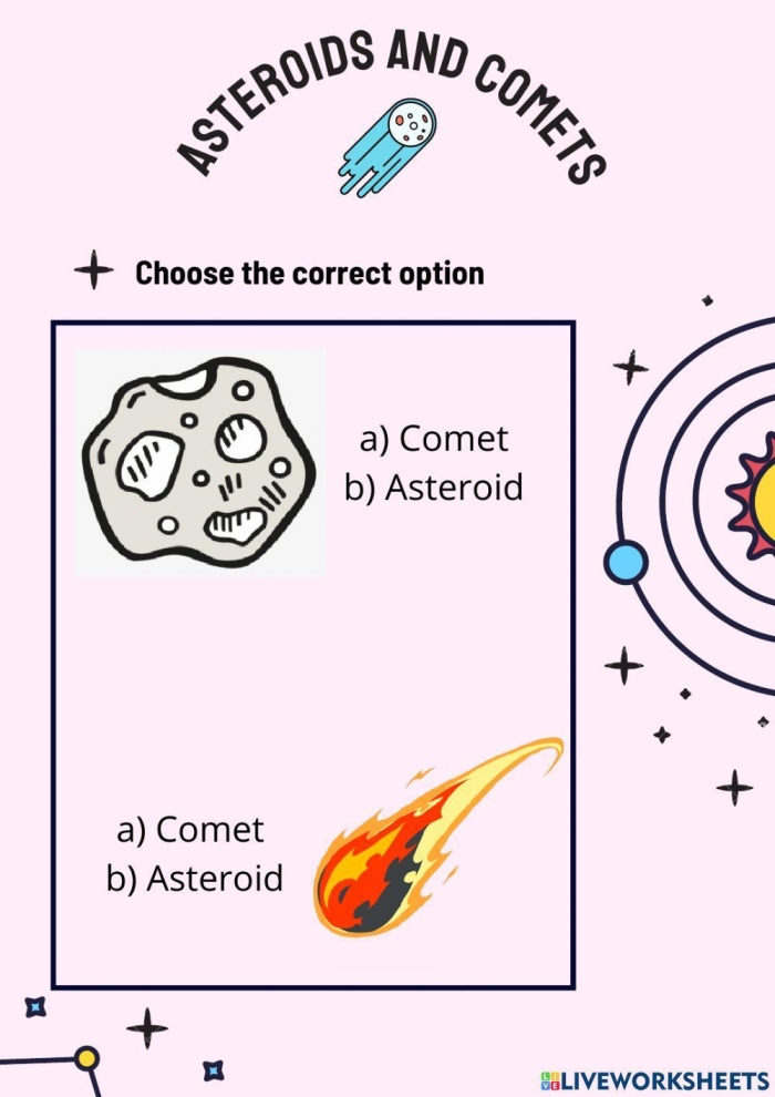 Vocabulary lesson featuring comets and asteroids for fifth grade students Fifth grade science worksheet exploring the celestial differences between comets and asteroids