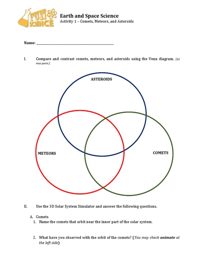 Comets and Asteroids: Earth and Space Science Learning Activity 19 Fifth grade vocabulary worksheet comparing and contrasting comets and asteroids in space science