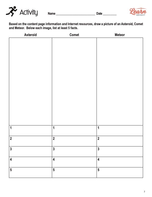 Educational vocabulary worksheet featuring a space science lesson on comets and asteroids for fifth graders Fifth grade earth and space science worksheet comparing the characteristics of comets and asteroids