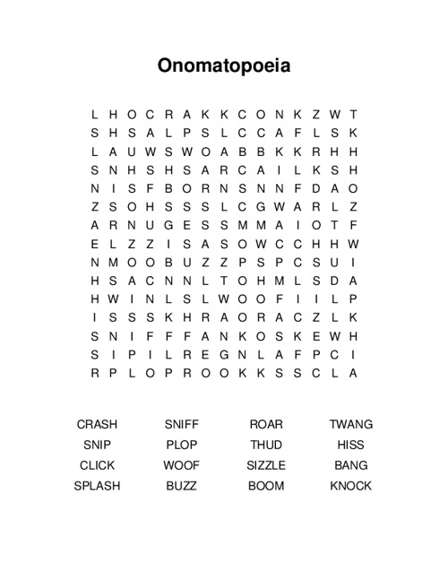 Fifth grade grammar worksheet featuring a word search puzzle with comic book sound effect words like pow, bang, and crash for teaching onomatopoeia concepts