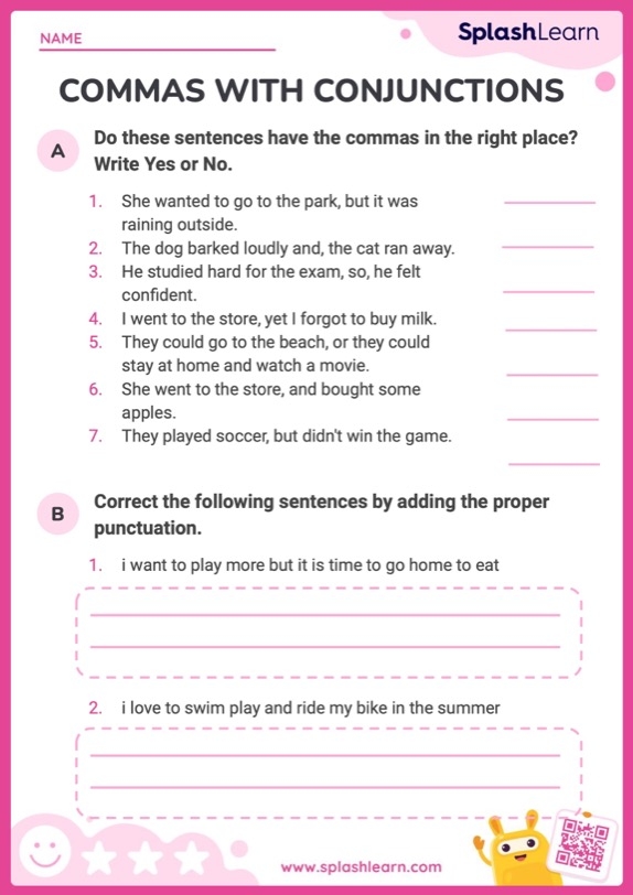 Third grade worksheet focusing on combining two sentences with commas and conjunctions