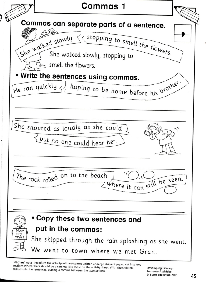 Fifth grade writing worksheet showing sentences that need commas added during proofreading practice