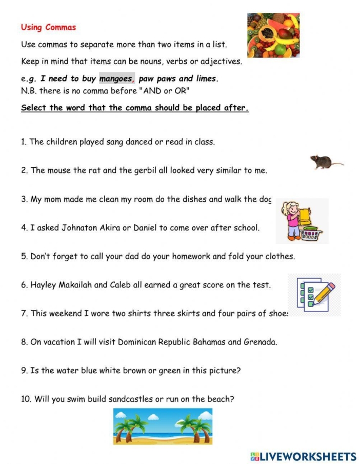Fifth grade students proofreading sentences and adding missing commas in a writing exercise worksheet