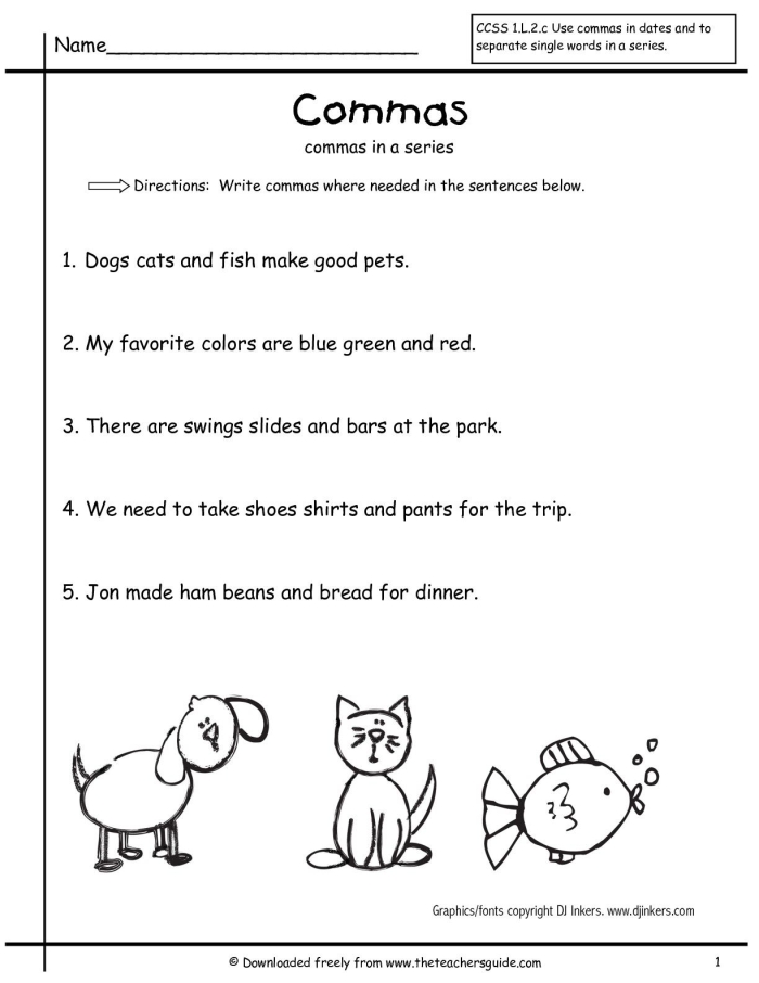 Fifth grade students proofreading sentences and inserting missing commas in a writing exercise worksheet