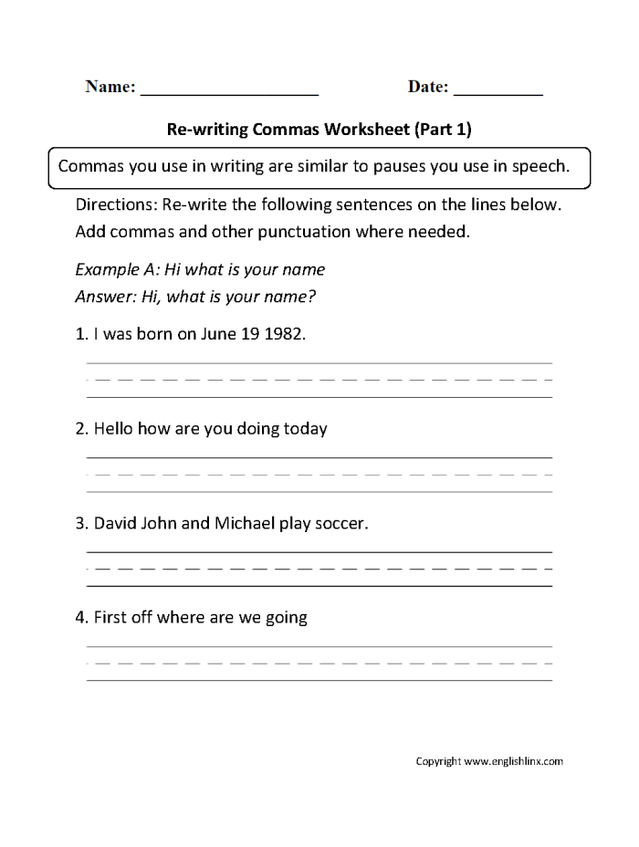 Fifth grade student proofreading twelve sentences to practice using commas in a writing worksheet