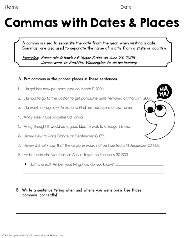 Perfect Punctuation Commas in Dates and Addresses Worksheet 21 Third grade worksheet on using commas for dates and addresses