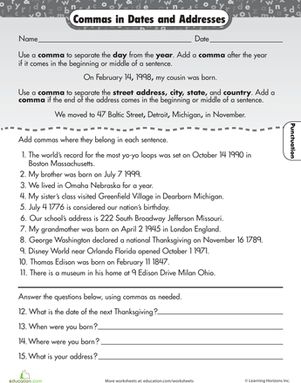 Perfect Punctuation Commas in Dates and Addresses Worksheet 17 Third grade worksheet focusing on comma placement rules for dates and addresses