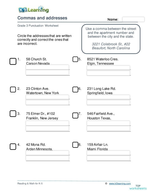 Perfect Punctuation: Commas in Dates and Addresses Worksheet for Grade 3 Worksheet for teaching third graders about commas in dates and addresses