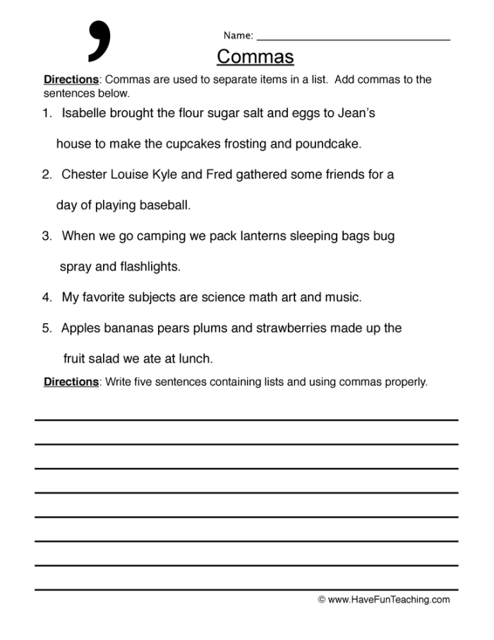 Commas in a Series Grammar Worksheet for Fifth Grade Life Science Lesson 6 Fifth grade life science worksheet featuring exercises on using commas in a series