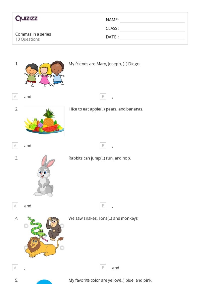 Commas in a Series Practice Activity 13 Fifth grade grammar worksheet showing comma usage practice exercises for listing items in a series