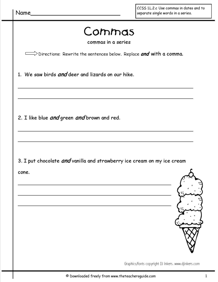 Commas in a Series Grammar Practice Activity for Fifth Graders Fifth grade grammar worksheet showing practice exercises for using commas correctly in lists and series