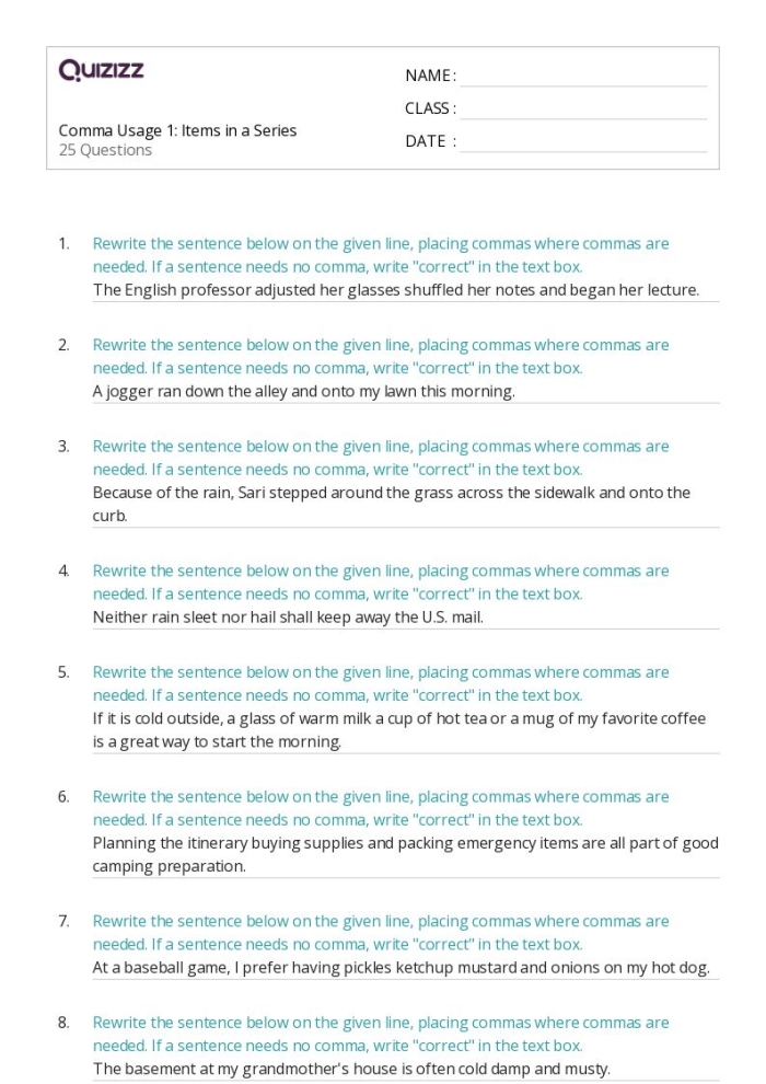 Commas in a Series Practice Activity for Elementary Students Fifth grade grammar worksheet showing practice exercises for using commas correctly in lists and series