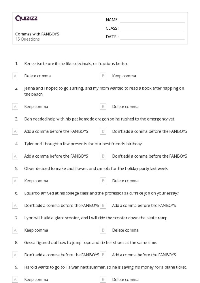 Sixth grade grammar worksheet showing sentences with restrictive and nonrestrictive clauses requiring comma placement practice