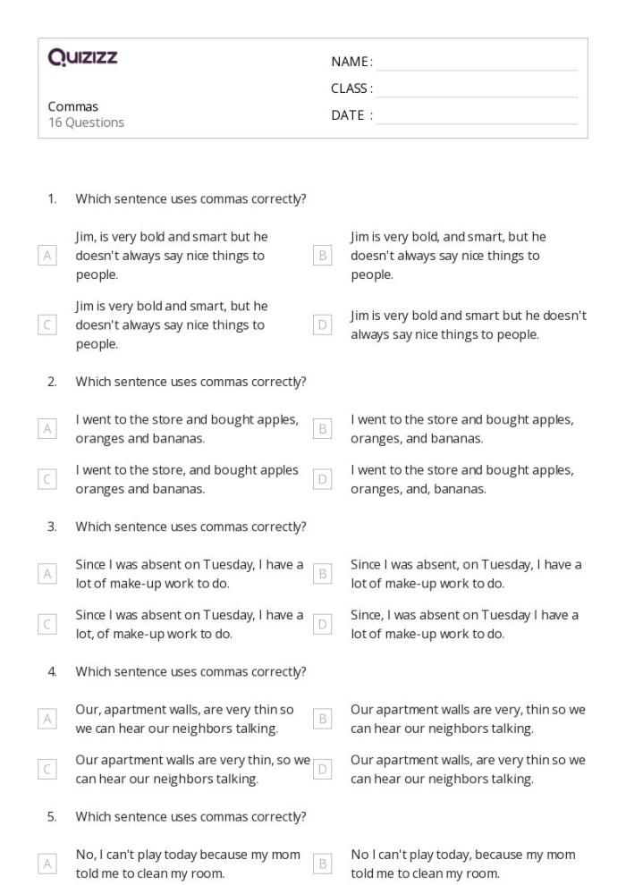 Sixth grade French grammar worksheet showing exercises for identifying and punctuating nonrestrictive clauses and phrases with commas