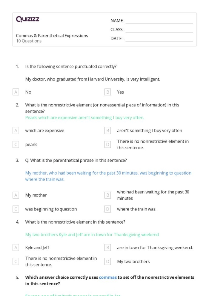 Sixth grade French grammar worksheet showing sentences with restrictive and nonrestrictive clauses requiring comma placement practice