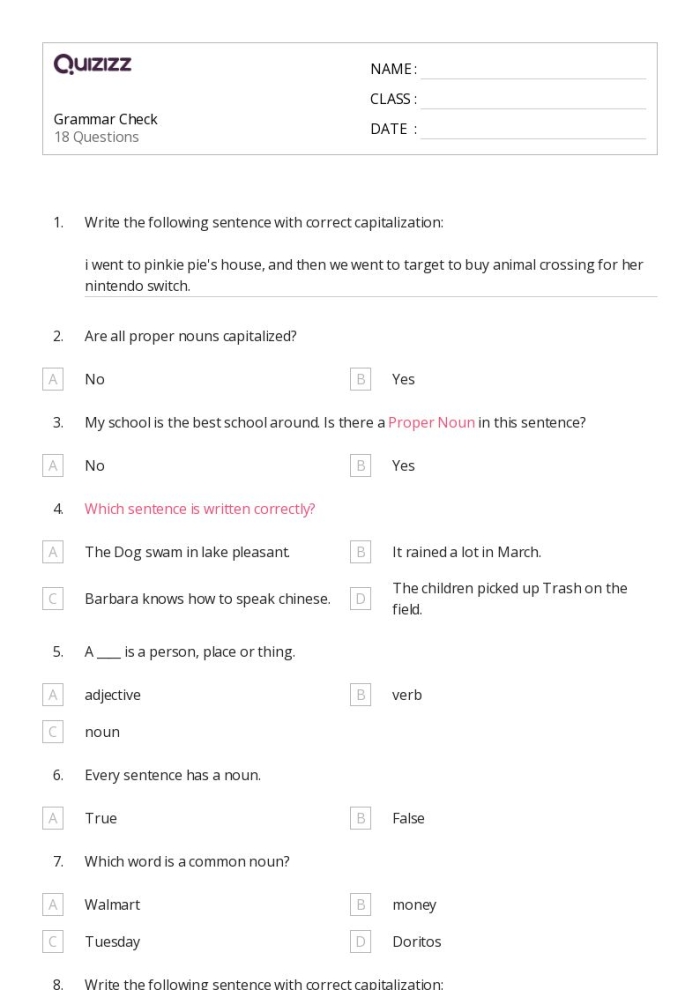 Sixth grade grammar worksheet showing sentences with restrictive and nonrestrictive clauses requiring comma placement practice