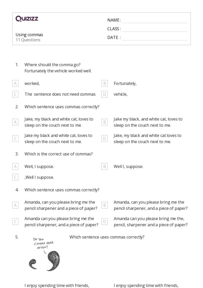 Sixth grade French worksheet focusing on adding commas to nonrestrictive elements