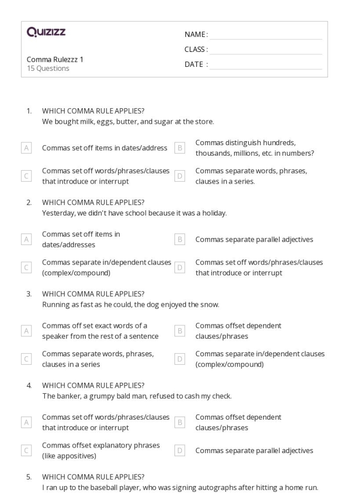 Sixth grade French grammar worksheet showing sentences with restrictive and nonrestrictive clauses requiring comma placement practice