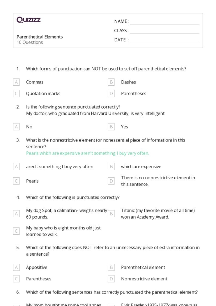 Sixth grade French worksheet focusing on adding commas to nonrestrictive elements