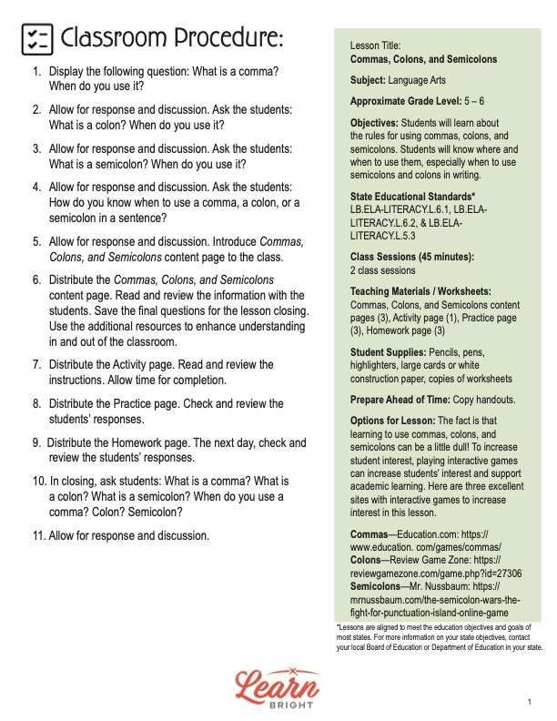 Engaging Commas and Semicolons Worksheet for Grade 4 Students Colorful worksheet illustrating the use of commas and semicolons for fourth graders