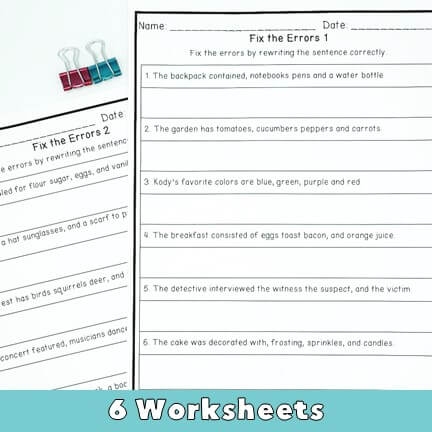 Commas in Lists Practice Activity for Elementary Students Fifth grade grammar worksheet showing commas in a series with practice sentences and examples
