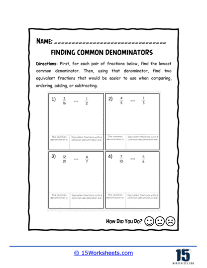 Two methods for finding common denominators displayed on comparison cards for fifth grade math instruction