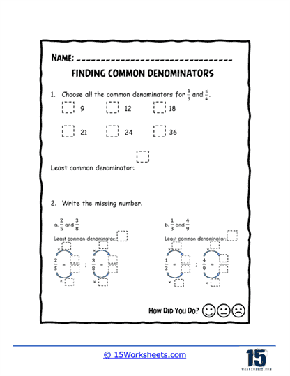 Two Methods for Finding Common Denominators strategy cards for fifth grade math comparison activities