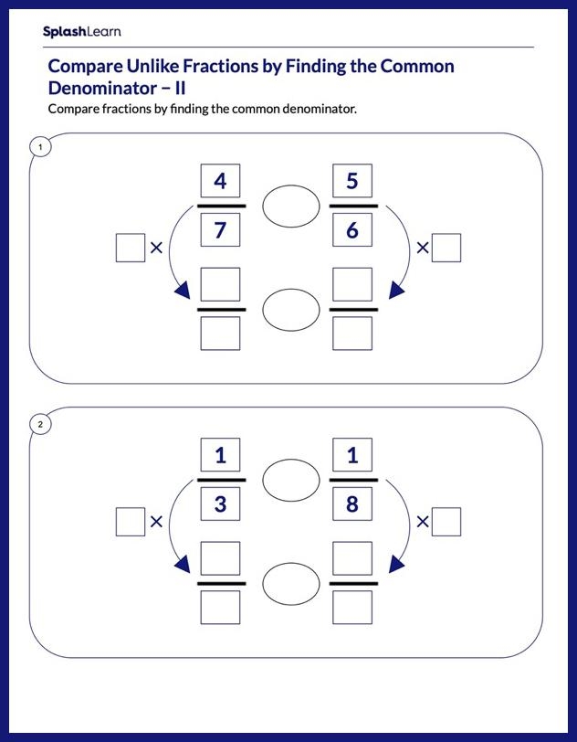 Fifth grade students comparing two different strategies for finding common denominators on a math worksheet