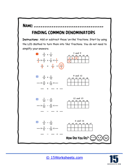 Two Methods for Finding Common Denominators strategy cards for fifth grade math comparison activities
