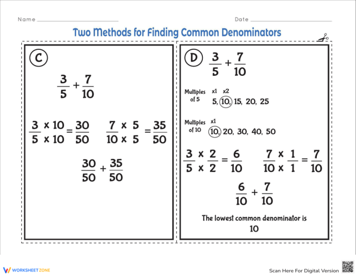 Two Methods for Finding Common Denominators strategy cards showing fraction comparison techniques for fifth grade students