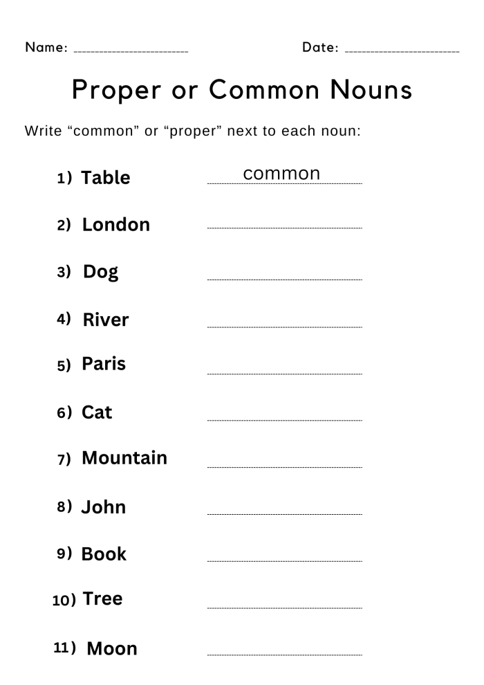 Fourth grade worksheet for reviewing common and proper nouns part thirteen
