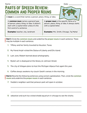 Fourth grade grammar worksheet featuring a common and proper nouns review exercise