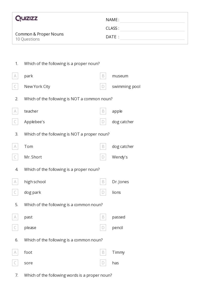Parts of Speech Review: Common and Proper Nouns worksheet for Fourth Grade