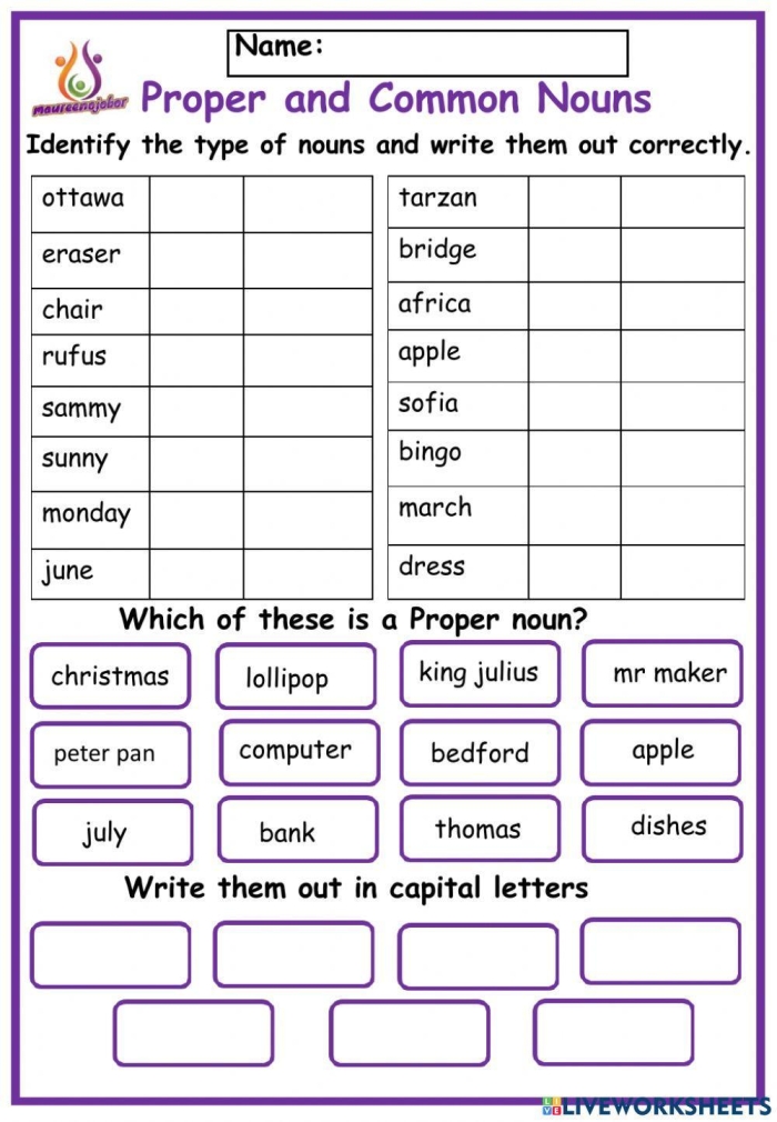 Fourth grade worksheet showing common and proper nouns exercises with example sentences and practice activities for parts of speech review