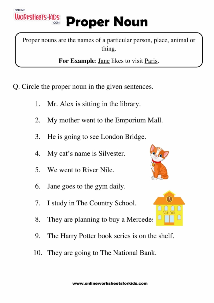 Fourth grade parts of speech worksheet focusing on identifying common and proper nouns