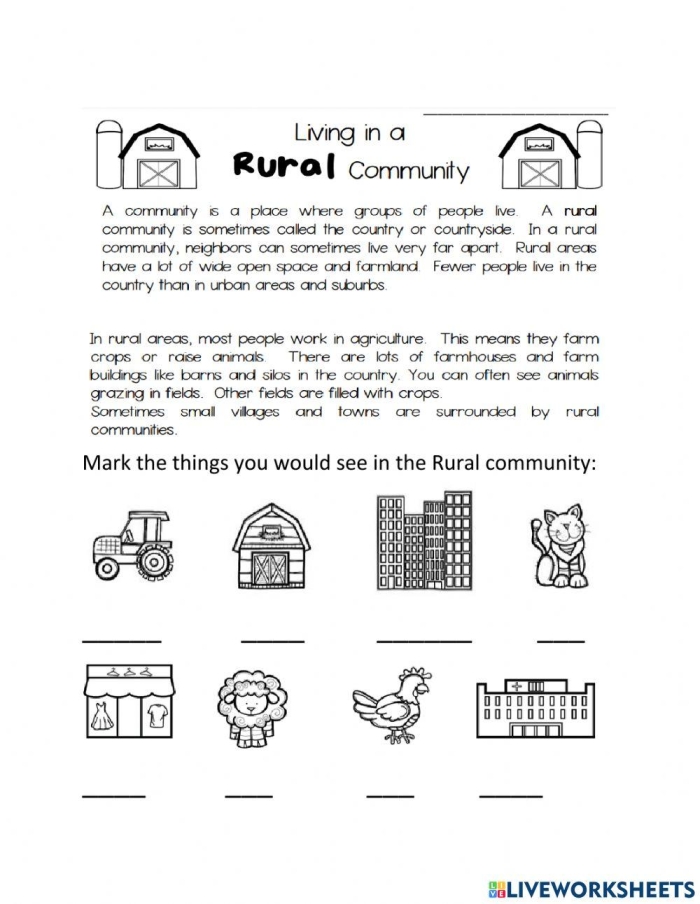 Three Types of Communities Sight Words Practice Activity 15 Second grade worksheet showing examples of rural, urban, and suburban communities with sight words vocabulary exercises