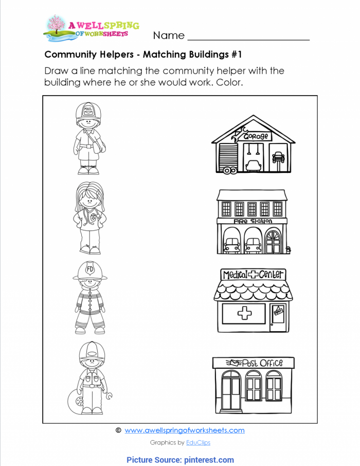 Kindergarten worksheet for a Community Helper Hunt activity featuring items and workers to color