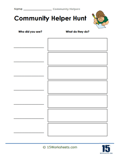 Kindergarten student coloring a Community Helper Hunt worksheet featuring various professionals and tools