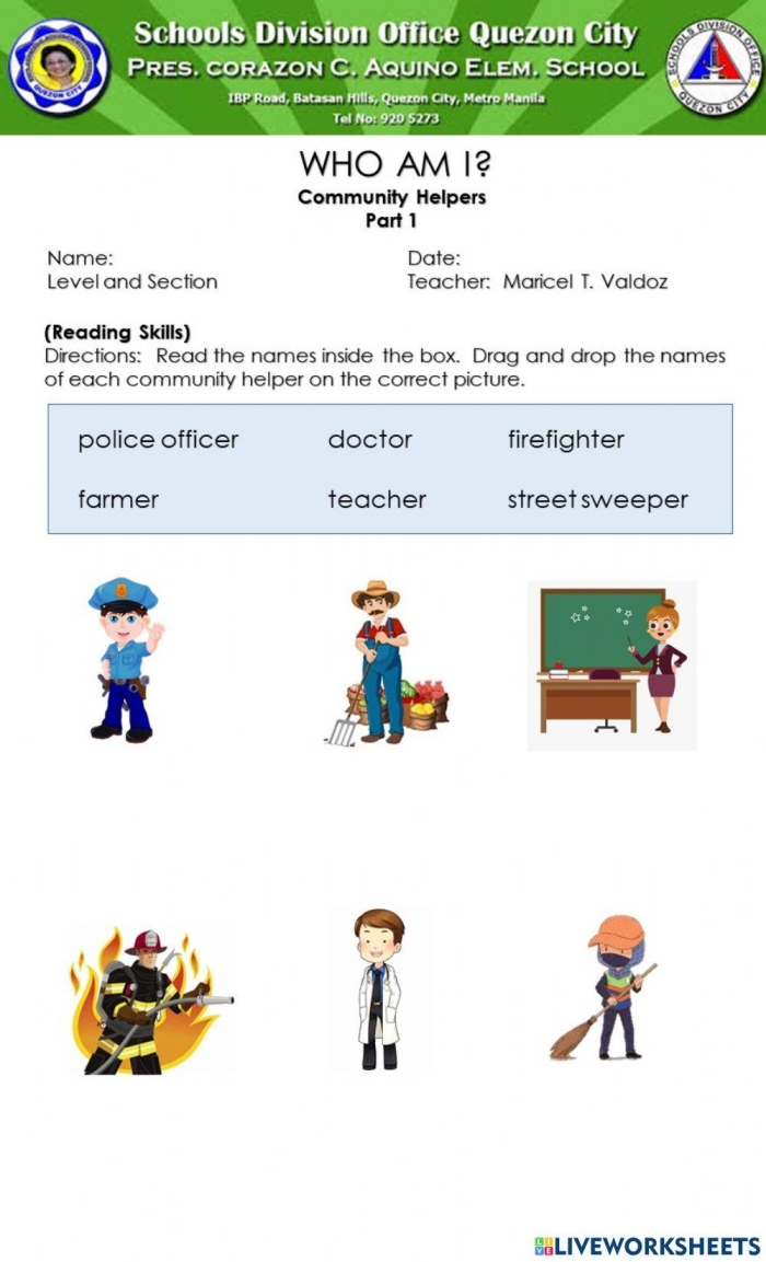 Kindergarten worksheet featuring a Community Helper Hunt activity where students identify and color various professionals and their tools
