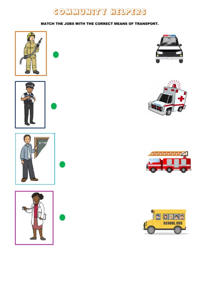 Kindergarten worksheet for a Community Helper Hunt with pictures of tools and workers to color