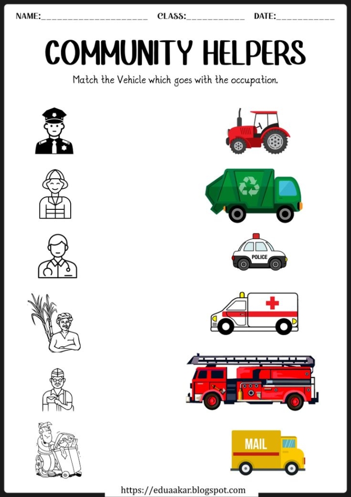 Kindergarten worksheet featuring a Community Helper Hunt activity with various figures and tools to color